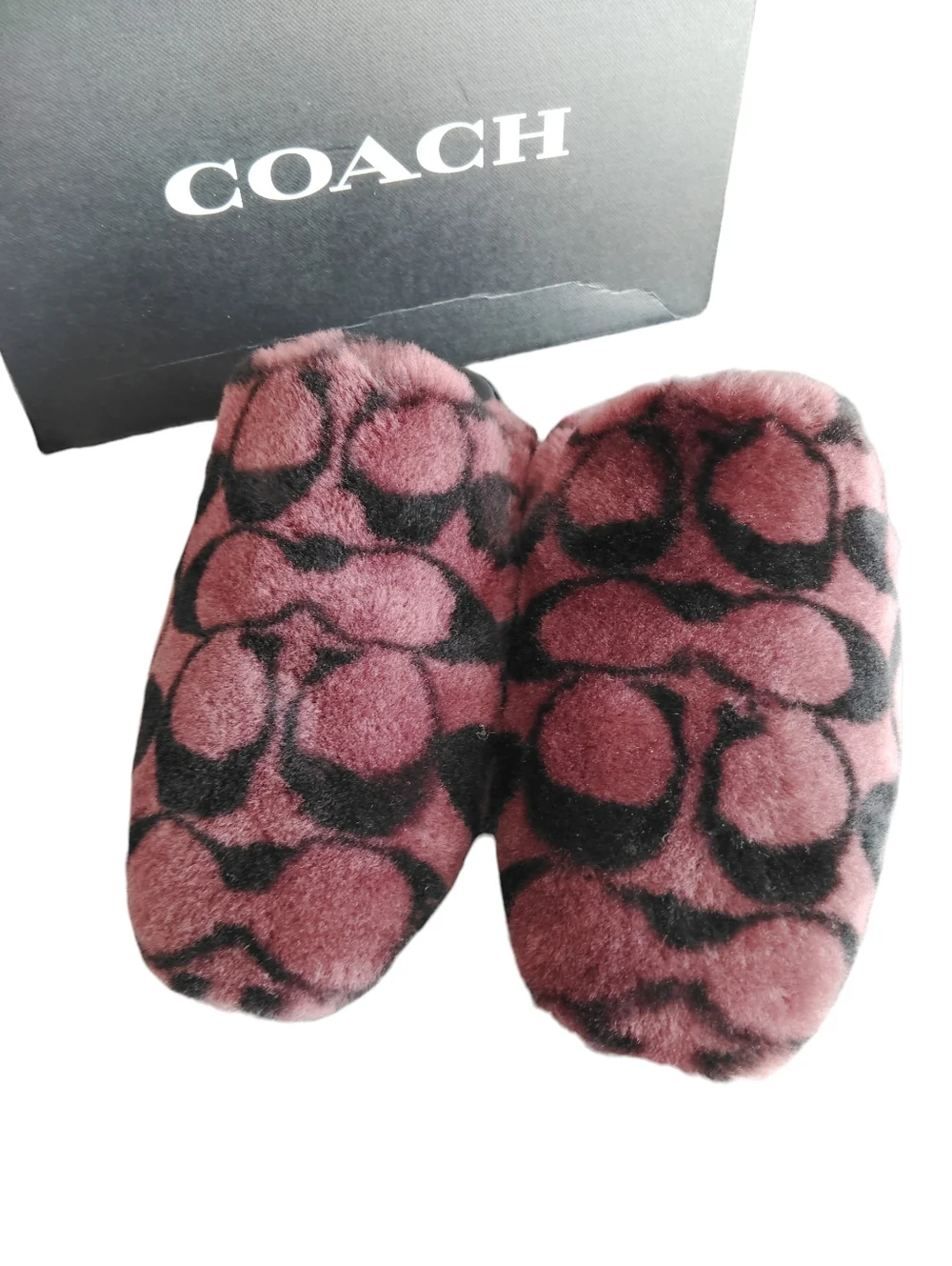COACH Plush Logo Shearling Slippers In Merlot Sz 10 NWT - Picture 2 of 10